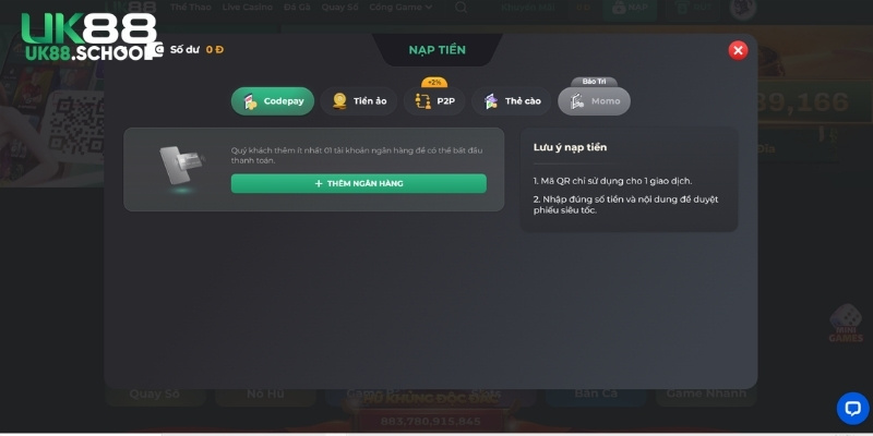 Hướng dẫn nạp tiền dễ dàng tại UK88